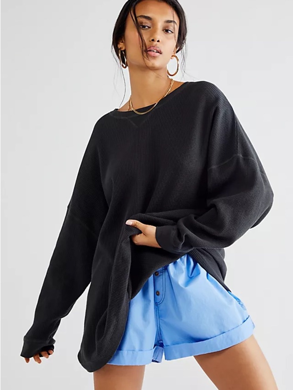 Free People Early Night Waffle Thermal Long Sleeve Pullover Top Cotton